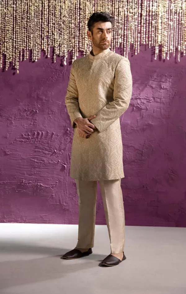 Royal Embroidered Beige Sherwani Pakistani Groom Dress