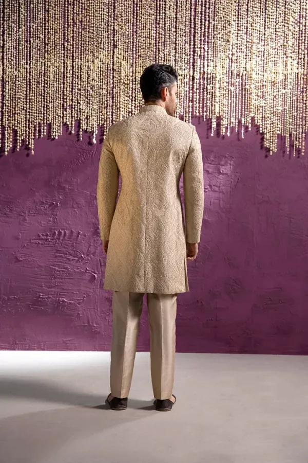 Royal Embroidered Beige Sherwani Pakistani Groom Dress - Image 2