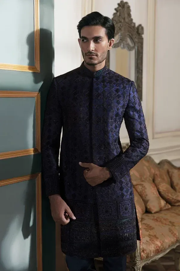 Pakistani Groom Dress In Jamawar Blue Sherwani Style - Image 4