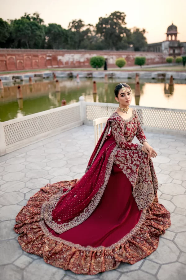 Red Raw Silk Lehenga Shirt Pakistani Wedding Dresses - Image 3